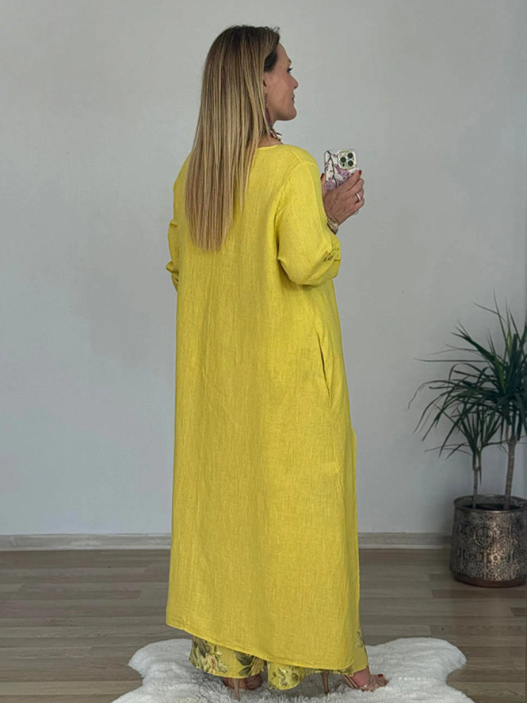 Casualowy nieregularny top i spodnie z szerokimi nogawkami Zestaw bawełny i lnu