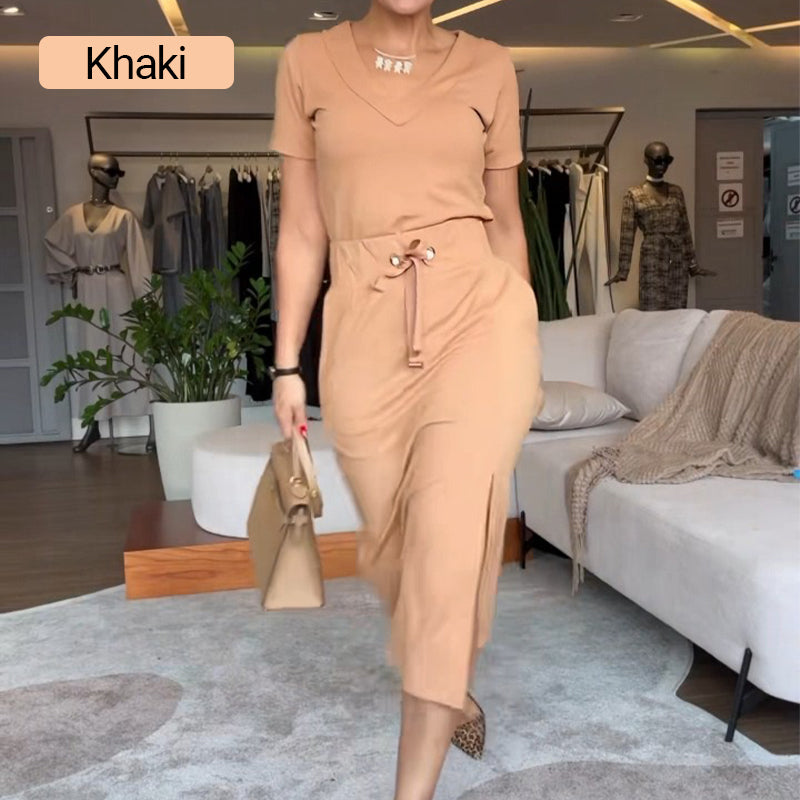 💥Női V-nyakú póló és midi szoknya szett👗