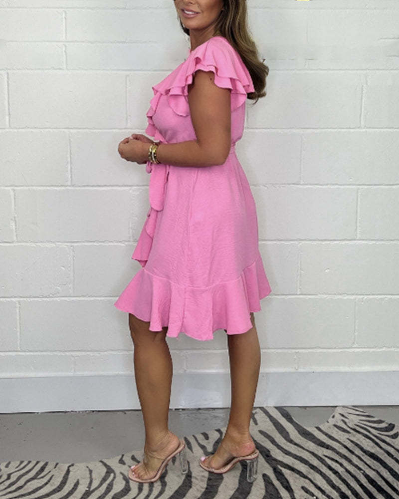 2025 nyári új V-nyakú ruha, egyszínű fodros ruha