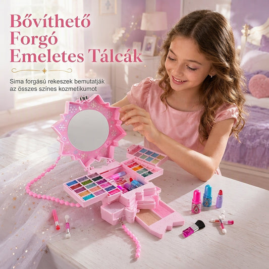 ✨ Mosható Hercegnő Sminkkészlet – Nem irritáló, tálcák és hordozható tok, biztonságos játék kislányoknak🎀