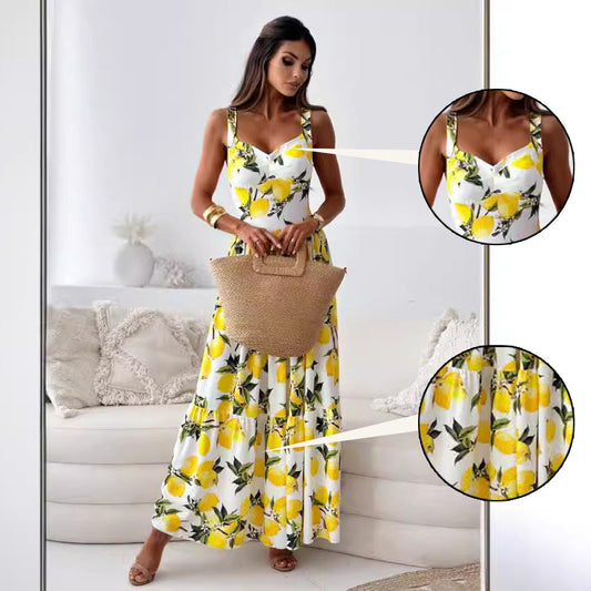 🍋Női elegáns citrom nyomtatás Spagetti pántos Flowy hosszú ruha