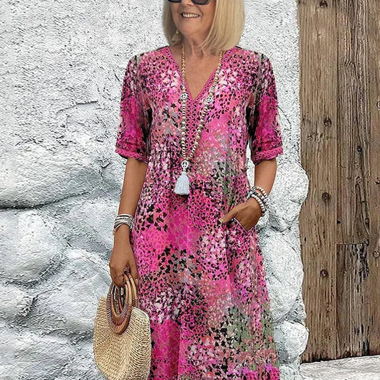 💥Női, V-nyakú, nyomott midi ruha