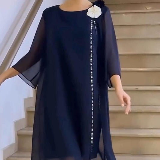 🌸✨【S-4XL】Környakú női hálós ruha virágos díszítéssel