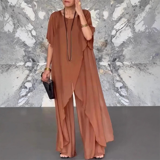 🛍️✨ Női szett, amely egy szabálytalan blúzból és egy könnyű nadrágból áll