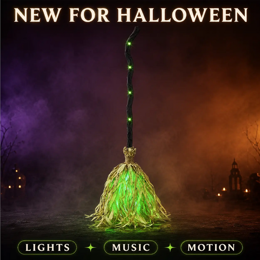 Animált halloweeni dekoráció - boszorkányseprű fénnyel és hanggal