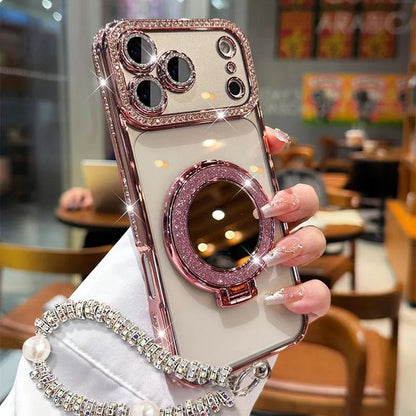 ✨💎Csillogó gyémánt mintás női telefontok tükörrel és állvánnyal iPhone 12/13/14/15/16/17 Pro Max,17Air,14/15/16 Plus készülékekhez💖