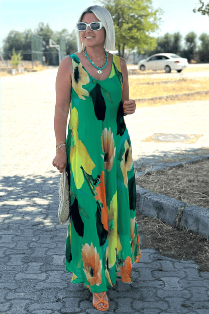 Virágmintás selyem sifon maxi ruha U-nyakkivágással