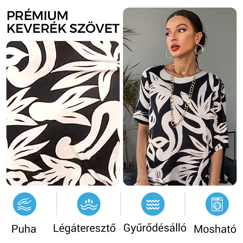 🌼Elegáns, bő, kerek nyakú, mintás női ruha