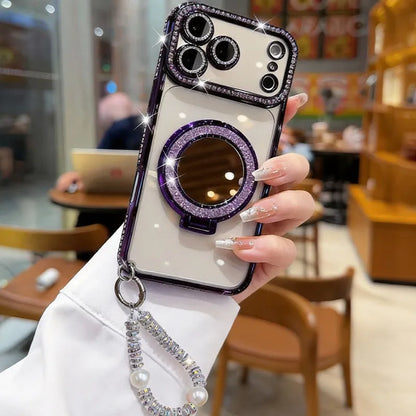 ✨💎Csillogó gyémánt mintás női telefontok tükörrel és állvánnyal iPhone 12/13/14/15/16/17 Pro Max,17Air,14/15/16 Plus készülékekhez💖