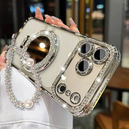 ✨💎Csillogó gyémánt mintás női telefontok tükörrel és állvánnyal iPhone 12/13/14/15/16/17 Pro Max,17Air,14/15/16 Plus készülékekhez💖