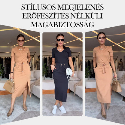 💥Női V-nyakú póló és midi szoknya szett👗