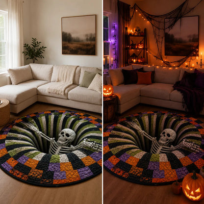 🔥Utolsó akció🎃Steppelt kerek halloweeni szőnyeg 3D csontvázzal és örvénnyel