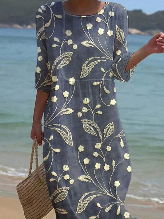 Női egyszínű, kerek nyakú, félig virágmintás pamut és lenvászon ruha
