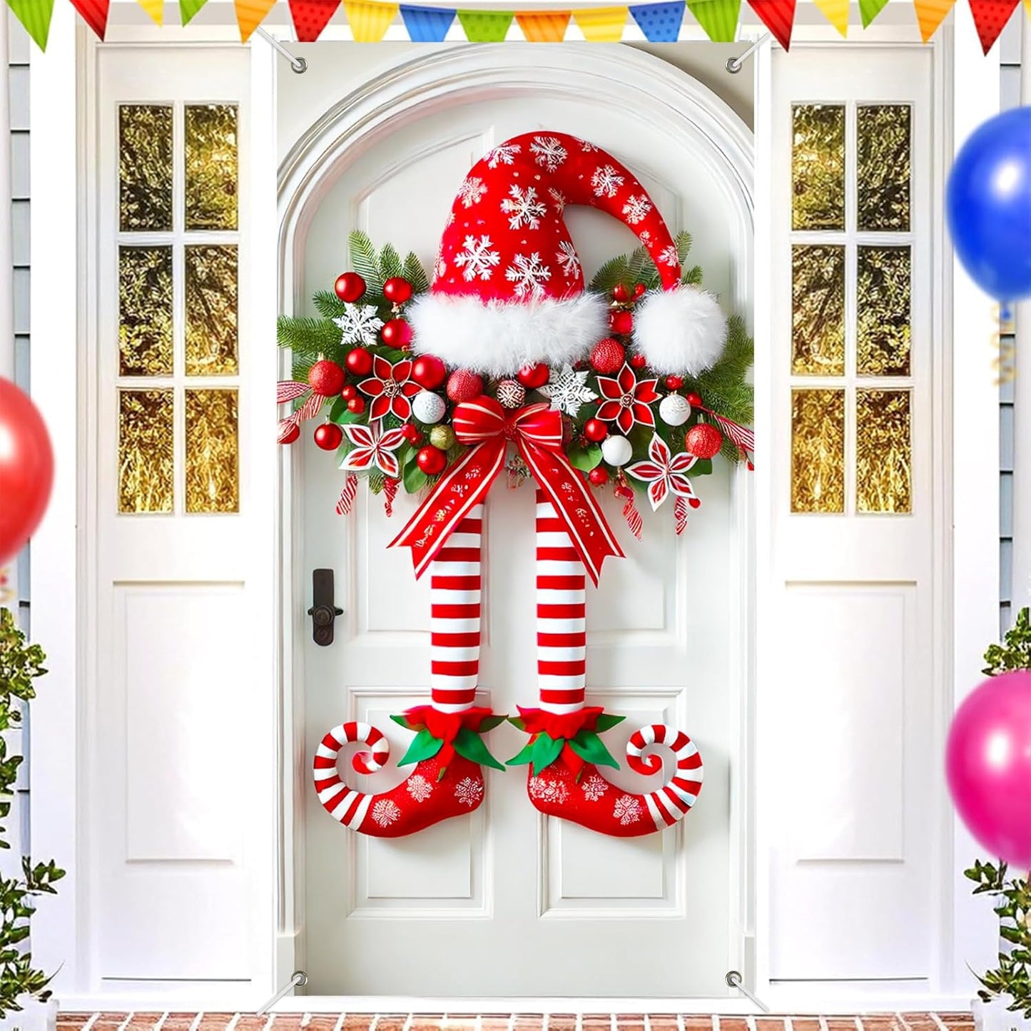 Karácsonyi banner manó lábakkal az ajtón