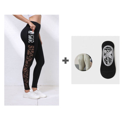 Női Magas Derekú Hálós Jóga Leggings Zsebekkel