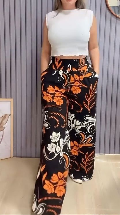 2025 Nyári új, nyomtatott széles szárú nadrágok