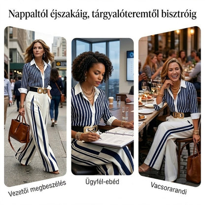 ⏳Időkorlátozott akció⏰Női csíkos póló és széles szárú nadrág 2 részes szett