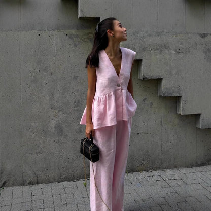 Kétrészes női szett tömör pamutból, V-nyakú, ujjatlan, blúz és nadrág