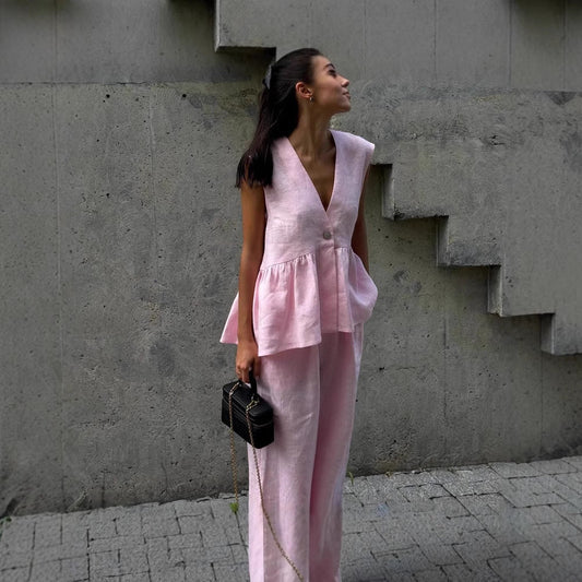 Kétrészes női szett tömör pamutból, V-nyakú, ujjatlan, blúz és nadrág