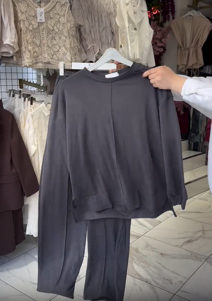 Hosszú ujjú, kerek nyakkivágású női pamut nadrág szett