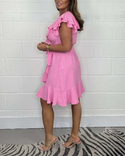 2025 nyári új V-nyakú ruha, egyszínű fodros ruha