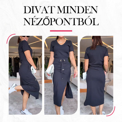 💥Női V-nyakú póló és midi szoknya szett👗