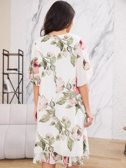 ❀Elegáns női ruha fél ujjú sifonból és mintával