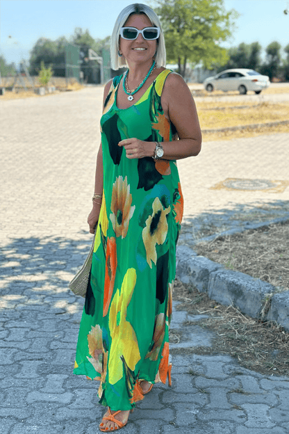Virágmintás selyem sifon maxi ruha U-nyakkivágással