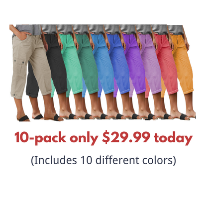 Capri nadrág zsebekkel és középmagas derékkal, alján hajtásokkal és több zsebbel.