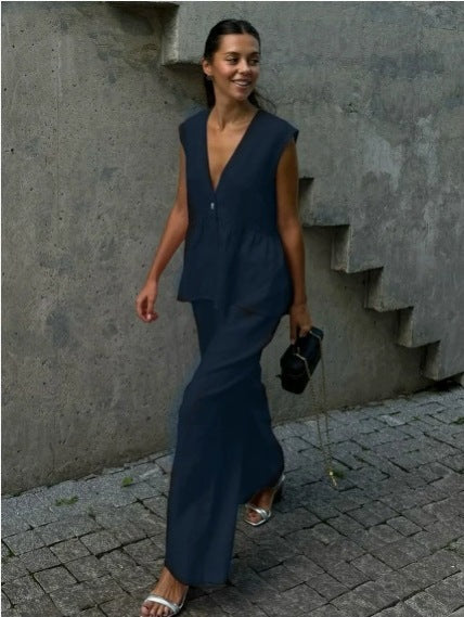 Kétrészes női szett tömör pamutból, V-nyakú, ujjatlan, blúz és nadrág