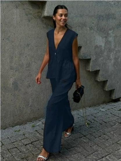 Kétrészes női szett tömör pamutból, V-nyakú, ujjatlan, blúz és nadrág