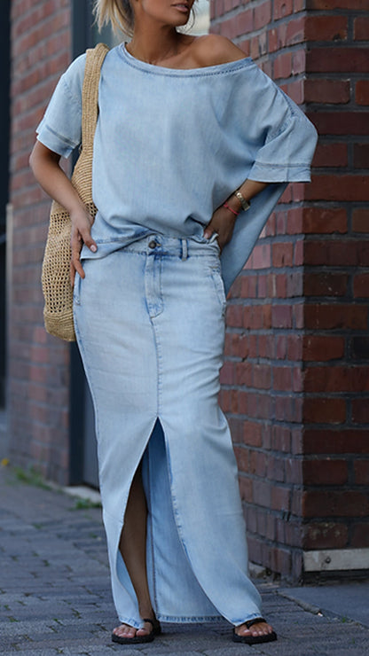 Női lezser kerek nyakú kosztüm Tencel farmerből