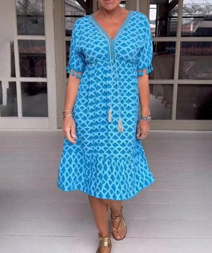 🔥V-nyakú, bojt szélű ujjú, nyomott midi ruha