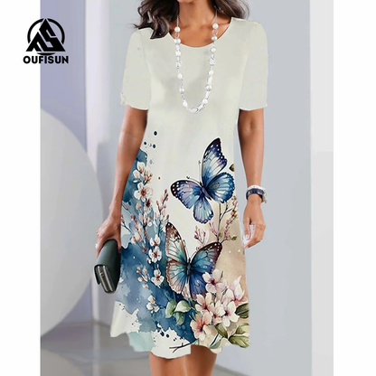 Divatos virágmintás rövid ujjú maxi ruhák Pillangós virágos hosszú ruha