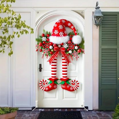 Karácsonyi banner manó lábakkal az ajtón