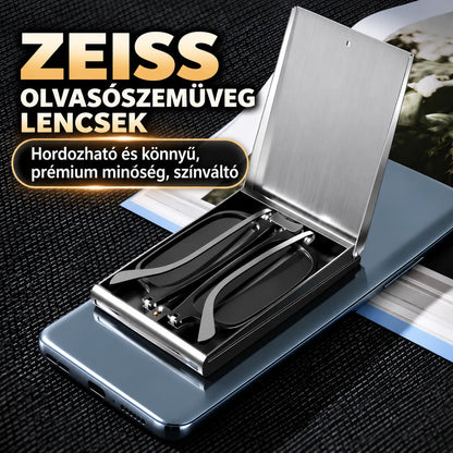 Hordozható, kékfény-szűrős olvasószemüveg, amely a telefonra rögzíthető