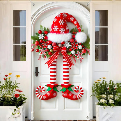 Karácsonyi banner manó lábakkal az ajtón