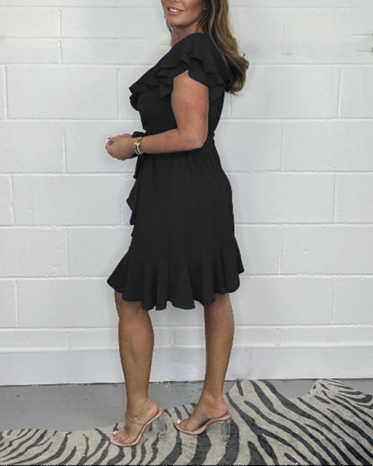 2025 nyári új V-nyakú ruha, egyszínű fodros ruha