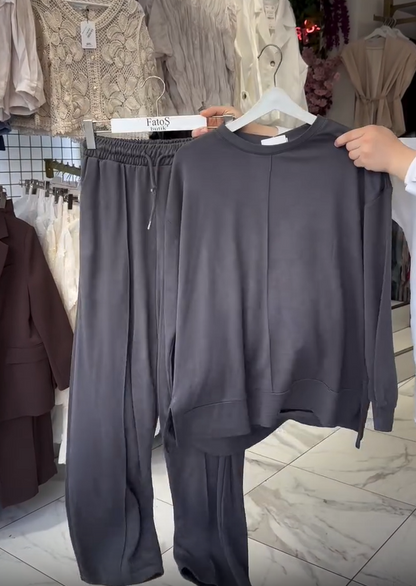 Hosszú ujjú, kerek nyakkivágású női pamut nadrág szett