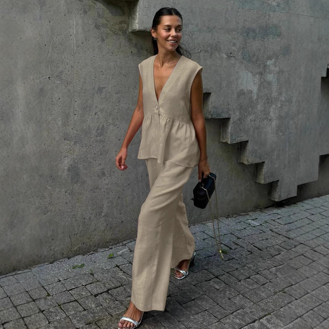 Kétrészes női szett tömör pamutból, V-nyakú, ujjatlan, blúz és nadrág