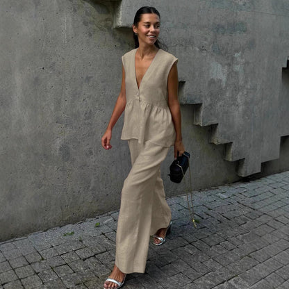 Kétrészes női szett tömör pamutból, V-nyakú, ujjatlan, blúz és nadrág