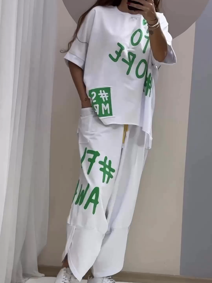 Lezser kétrészes nyomtatott öltöny kerek nyakkivágással