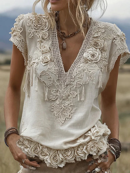 Női rövid ujjú, lenvászon keverék V-nyakú póló rózsa hímzéssel