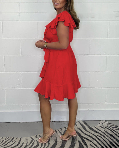 2025 nyári új V-nyakú ruha, egyszínű fodros ruha