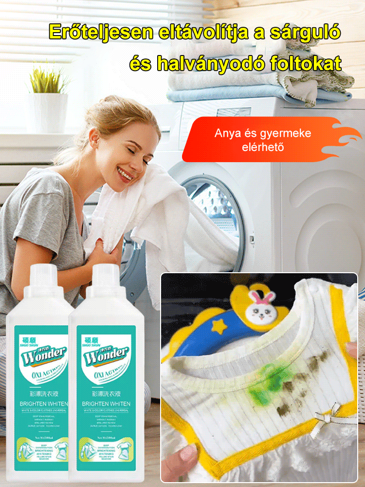 Sárga folteltávolító, élénkítő, oxigénnel aktiválható, fehérítő és tisztító folyadék