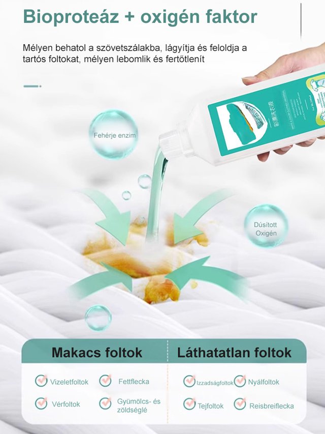 Sárga folteltávolító, élénkítő, oxigénnel aktiválható, fehérítő és tisztító folyadék