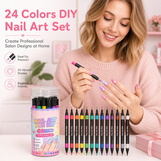 💅 KORLÁTOZOTT IDEIG 50% KEDVEZMÉNY! 💥 24 db színes, kétvégű körömdíszítő toll készlet – kreatív, szalonminőségű, könnyen elkészíthető saját kezűleg ✨