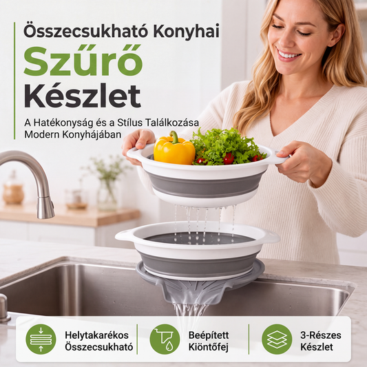 🍲 3 rétegű összehajtható szűrő – Leeresztő talppal, helytakarékos 📦
