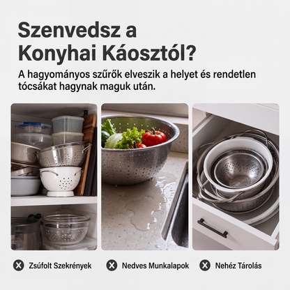 🍲 3 rétegű összehajtható szűrő – Leeresztő talppal, helytakarékos 📦