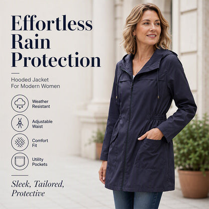 🌧️✨ Női Vízálló Kapucnis Széldzseki – Állítható Derék, Praktikus Zsebek & Elegáns Esőálló Viselet
